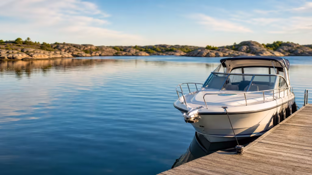 Motorbåt tryggt förtöjd vid brygga i svensk skärgård
