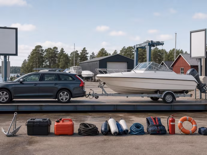 Bil, båt och trailer står på en våg med båtutrustning framför.