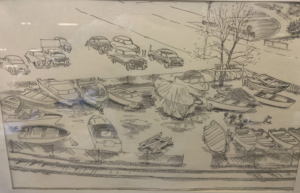Teckning av båtutställningen i Badhusparken i Uddevalla 1959