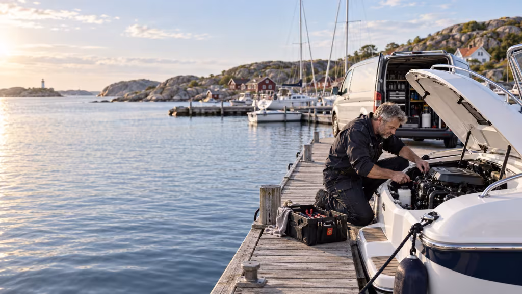 En mekaniker som reparerar en inombordare från en brygga