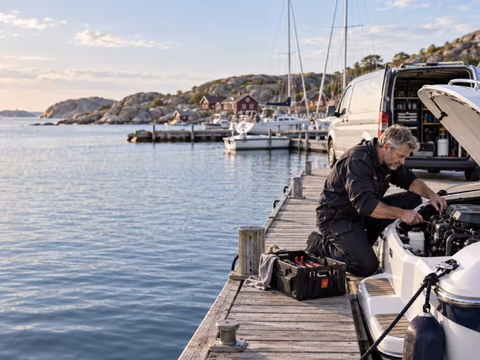 En mekaniker som reparerar en inombordare från en brygga